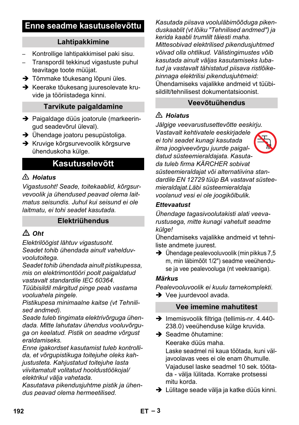 Enne seadme kasutuselevõttu, Kasutuselevõtt | Karcher HD 5-11 C Plus User Manual | Page 192 / 232