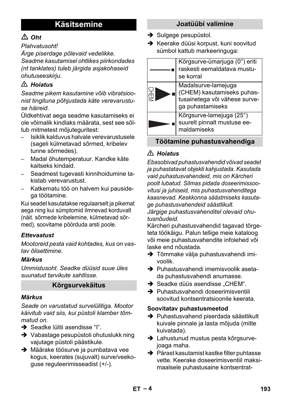 Käsitsemine | Karcher HD 5-11 C Plus User Manual | Page 193 / 232