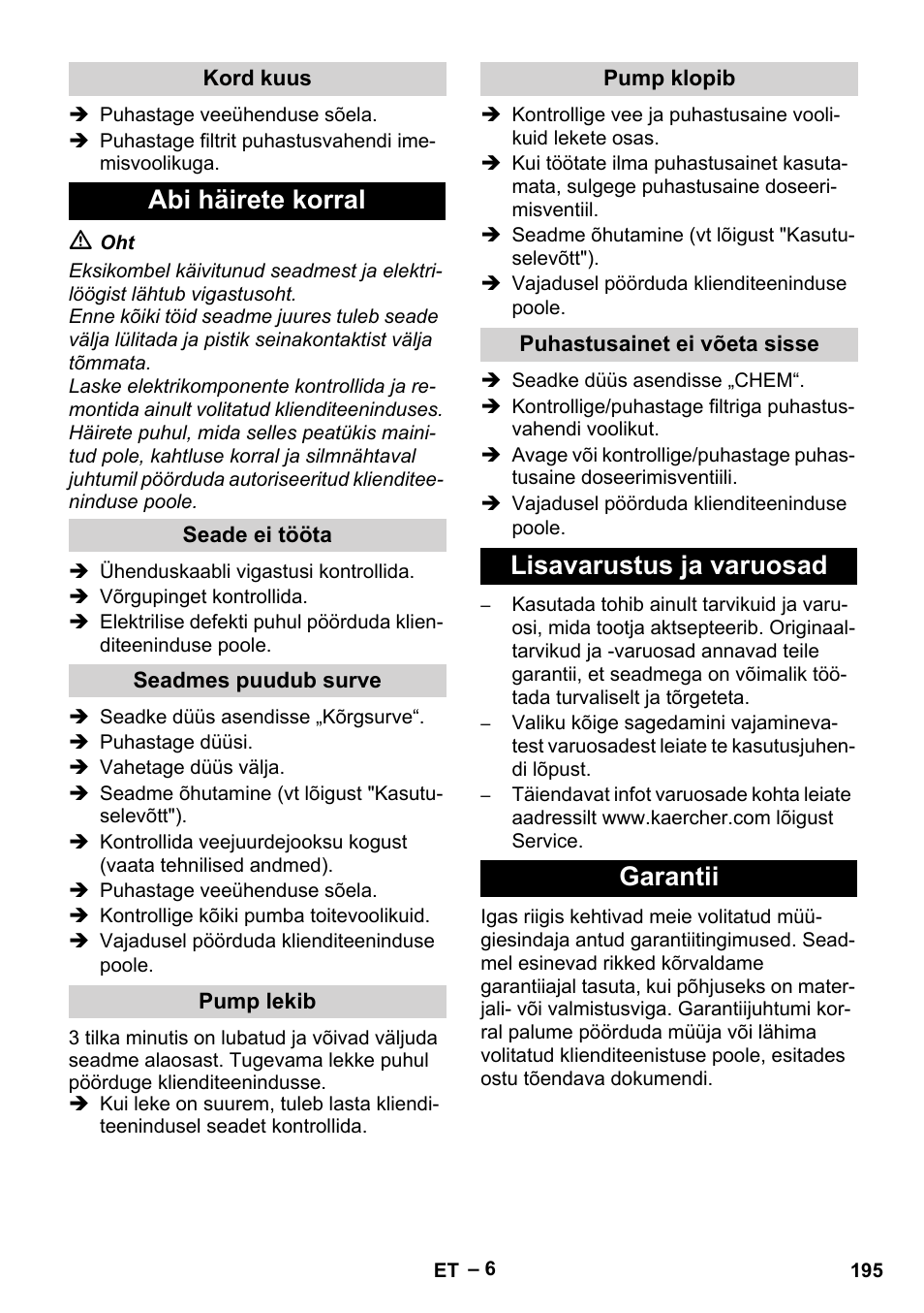 Abi häirete korral, Lisavarustus ja varuosad garantii | Karcher HD 5-11 C Plus User Manual | Page 195 / 232