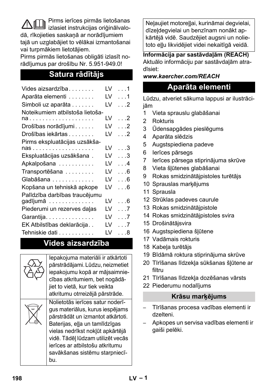 Latviešu, Satura rādītājs, Vides aizsardzība | Aparāta elementi | Karcher HD 5-11 C Plus User Manual | Page 198 / 232