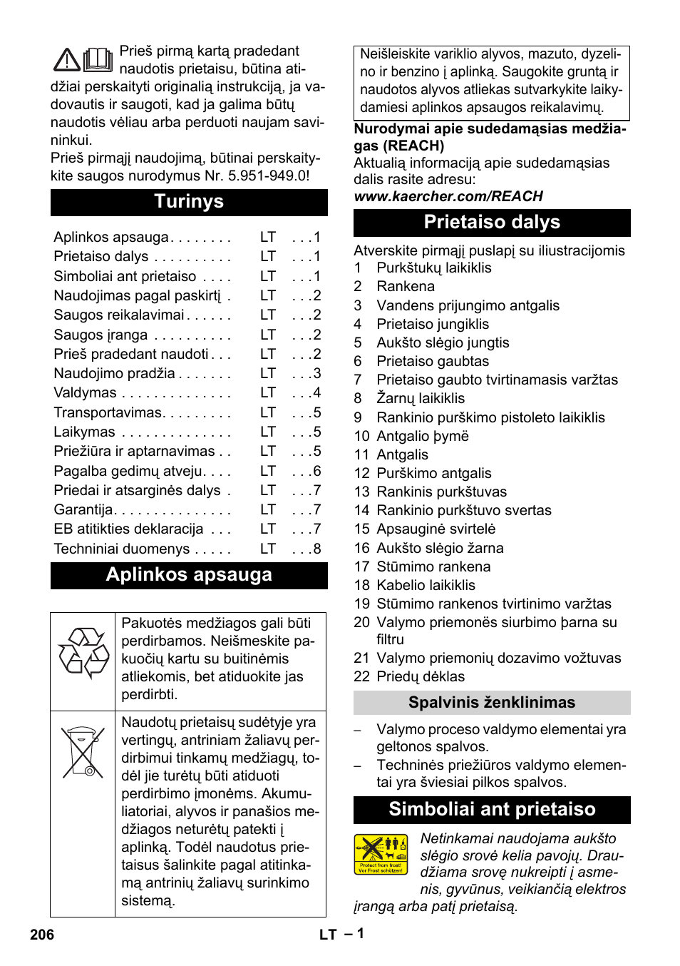 Lietuviškai, Turinys, Aplinkos apsauga | Prietaiso dalys, Simboliai ant prietaiso | Karcher HD 5-11 C Plus User Manual | Page 206 / 232