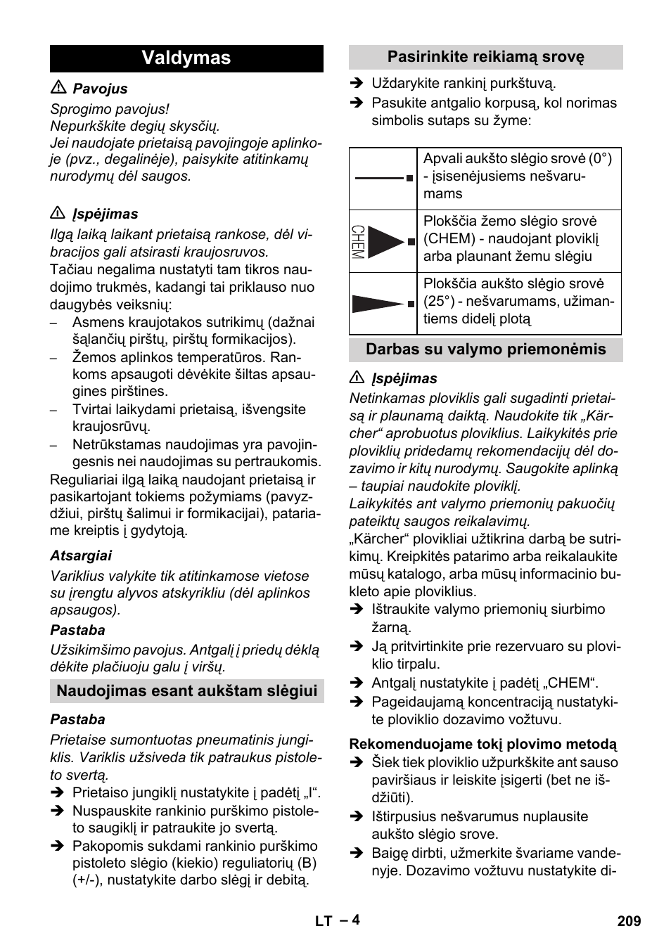 Valdymas | Karcher HD 5-11 C Plus User Manual | Page 209 / 232