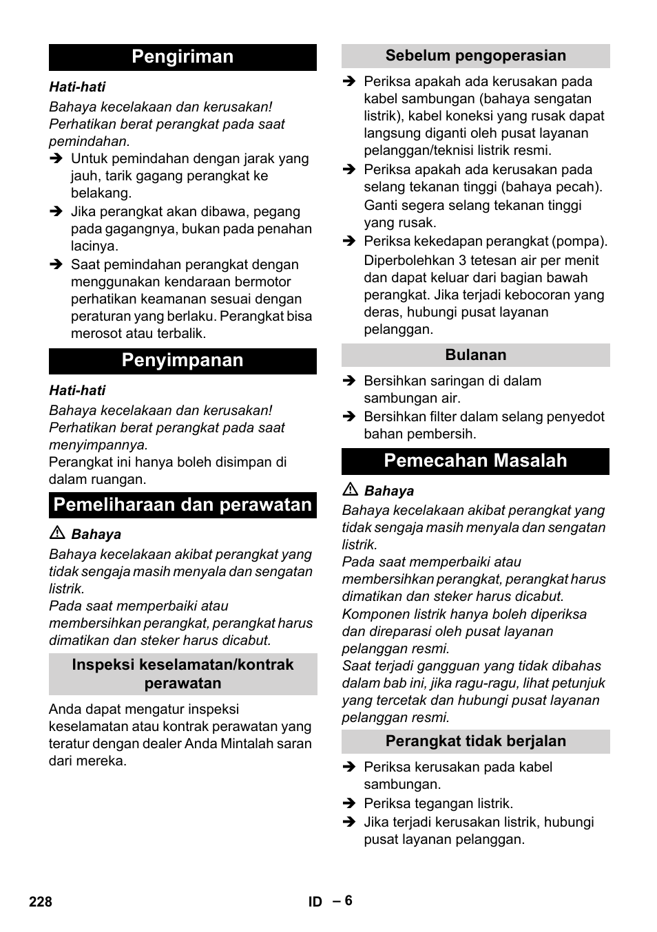 Pengiriman penyimpanan pemeliharaan dan perawatan, Pemecahan masalah | Karcher HD 5-11 C Plus User Manual | Page 228 / 232