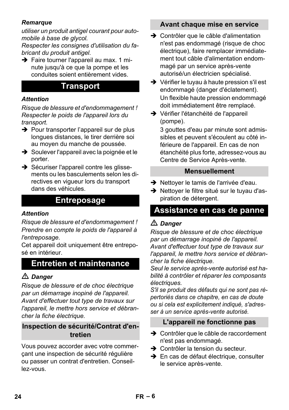 Transport entreposage entretien et maintenance, Assistance en cas de panne | Karcher HD 5-11 C Plus User Manual | Page 24 / 232