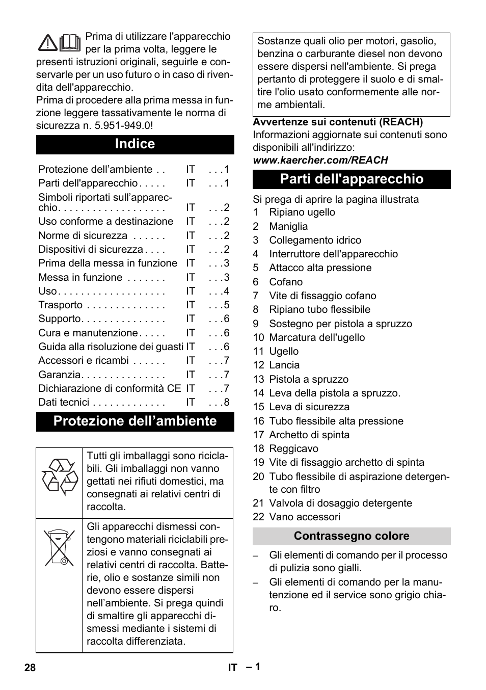 Italiano, Indice, Protezione dell’ambiente | Parti dell'apparecchio | Karcher HD 5-11 C Plus User Manual | Page 28 / 232