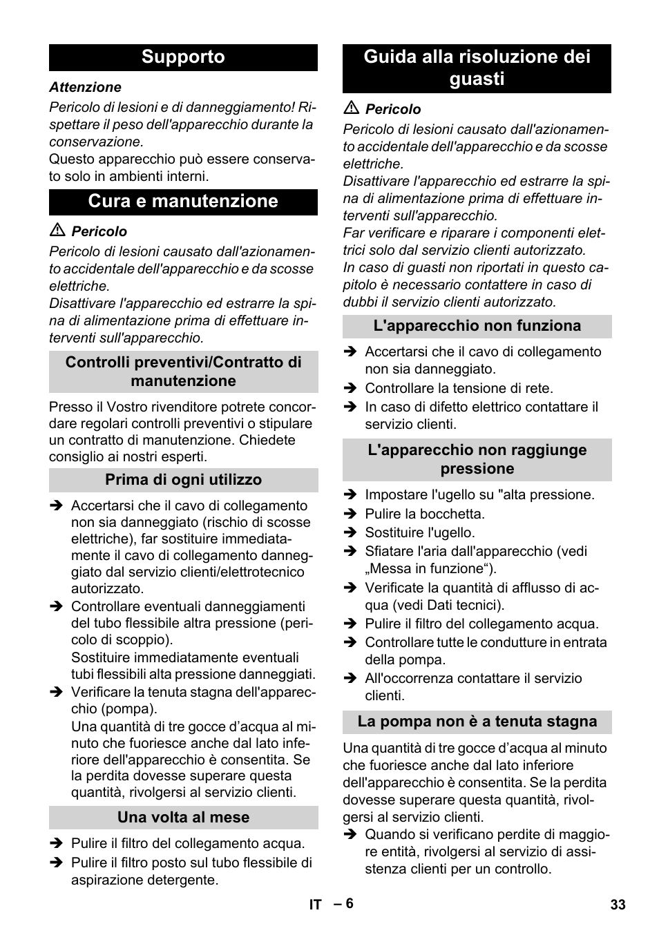 Supporto cura e manutenzione, Guida alla risoluzione dei guasti | Karcher HD 5-11 C Plus User Manual | Page 33 / 232