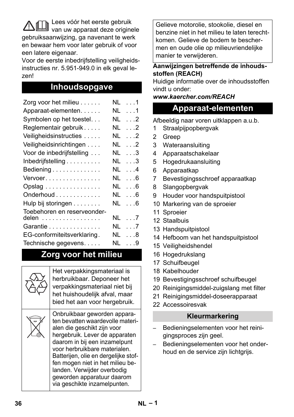 Nederlands, Inhoudsopgave, Zorg voor het milieu | Apparaat-elementen | Karcher HD 5-11 C Plus User Manual | Page 36 / 232