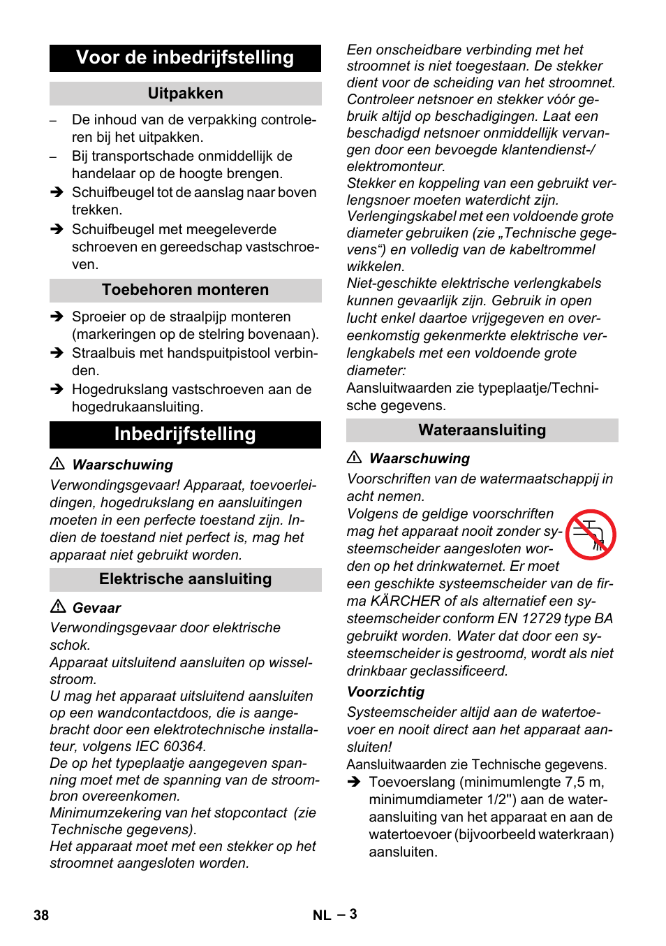 Voor de inbedrijfstelling, Inbedrijfstelling | Karcher HD 5-11 C Plus User Manual | Page 38 / 232