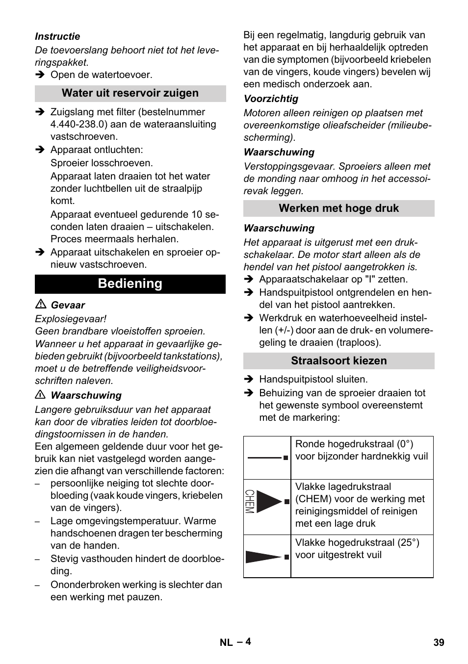 Bediening | Karcher HD 5-11 C Plus User Manual | Page 39 / 232