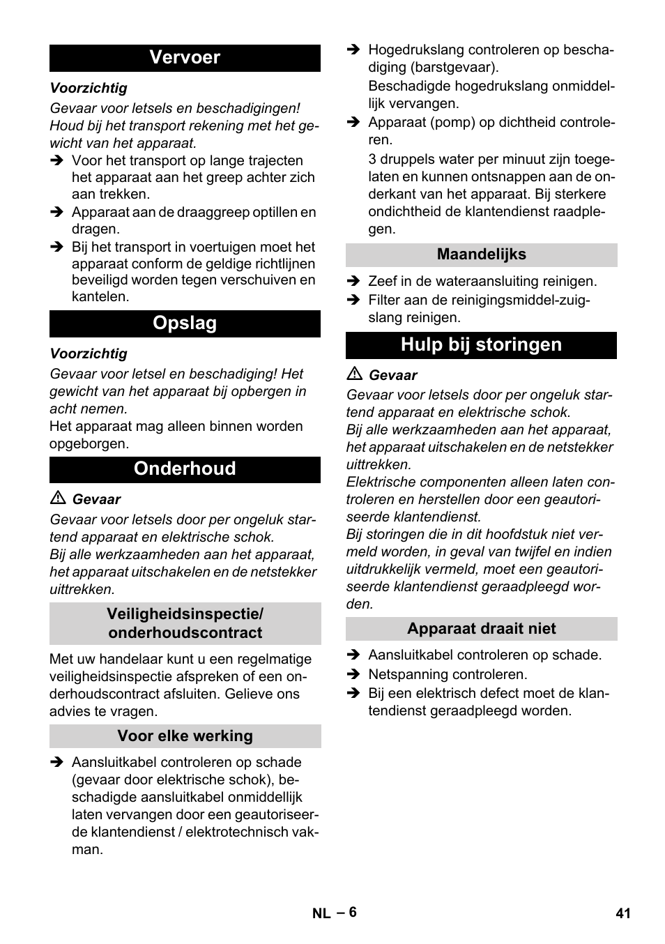 Vervoer opslag onderhoud, Hulp bij storingen | Karcher HD 5-11 C Plus User Manual | Page 41 / 232