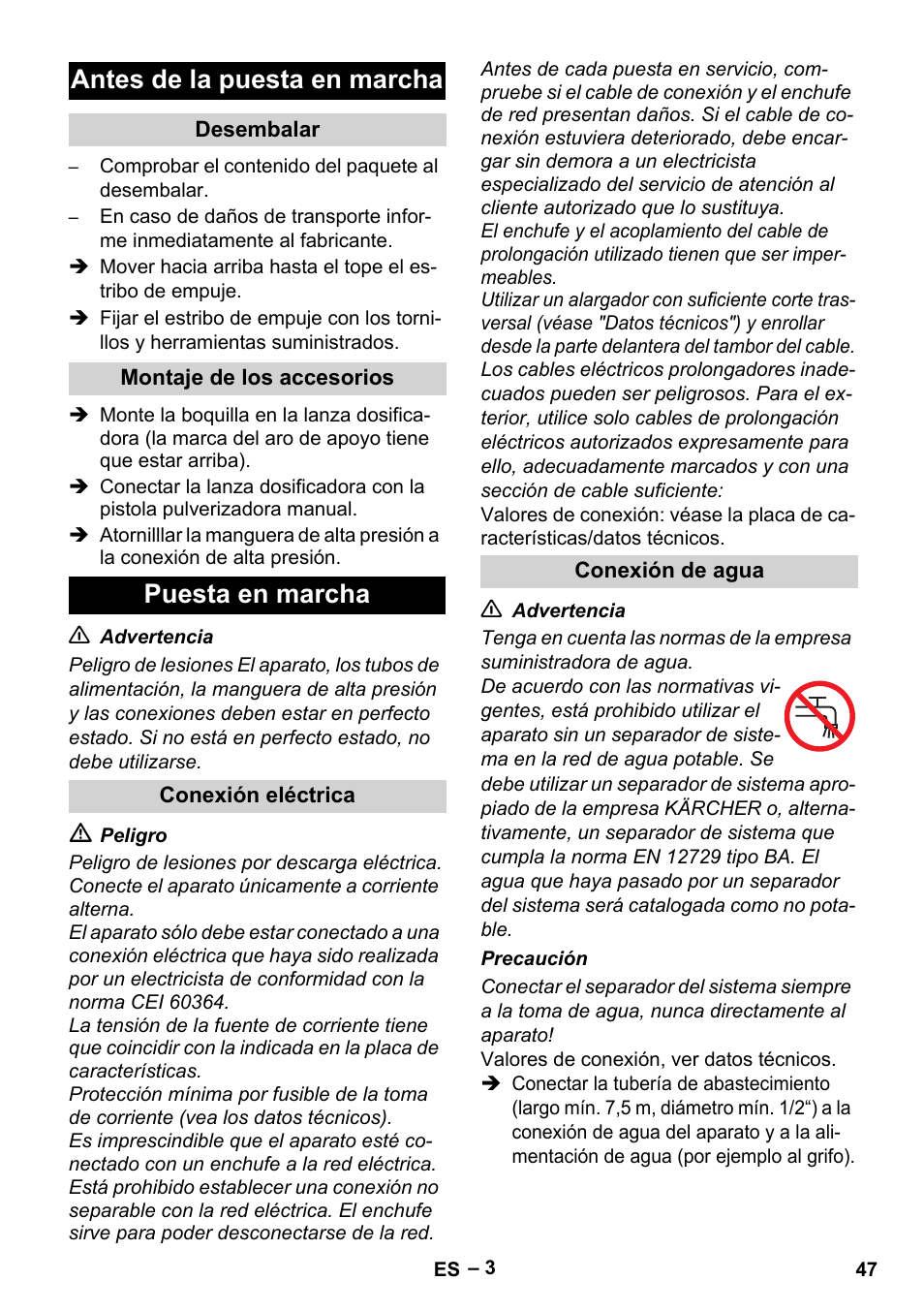 Antes de la puesta en marcha, Puesta en marcha | Karcher HD 5-11 C Plus User Manual | Page 47 / 232