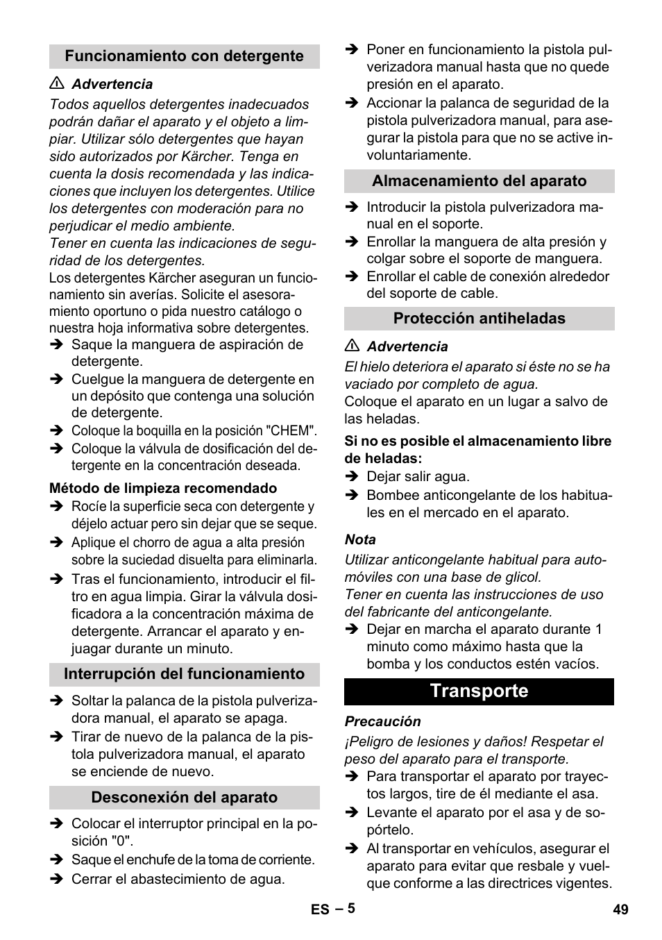 Transporte | Karcher HD 5-11 C Plus User Manual | Page 49 / 232