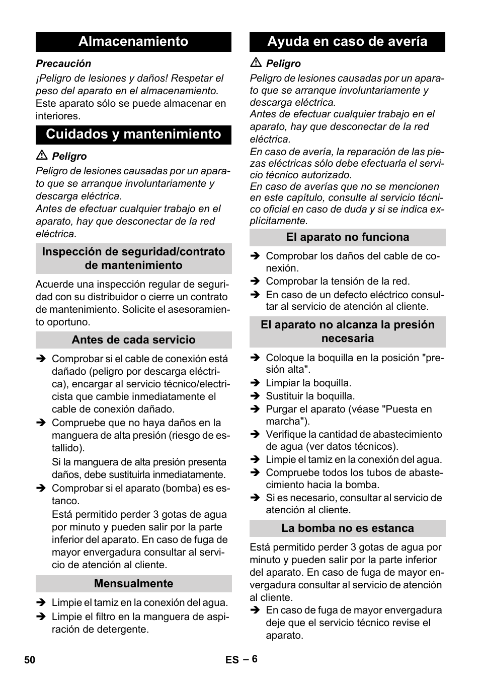 Almacenamiento cuidados y mantenimiento, Ayuda en caso de avería | Karcher HD 5-11 C Plus User Manual | Page 50 / 232