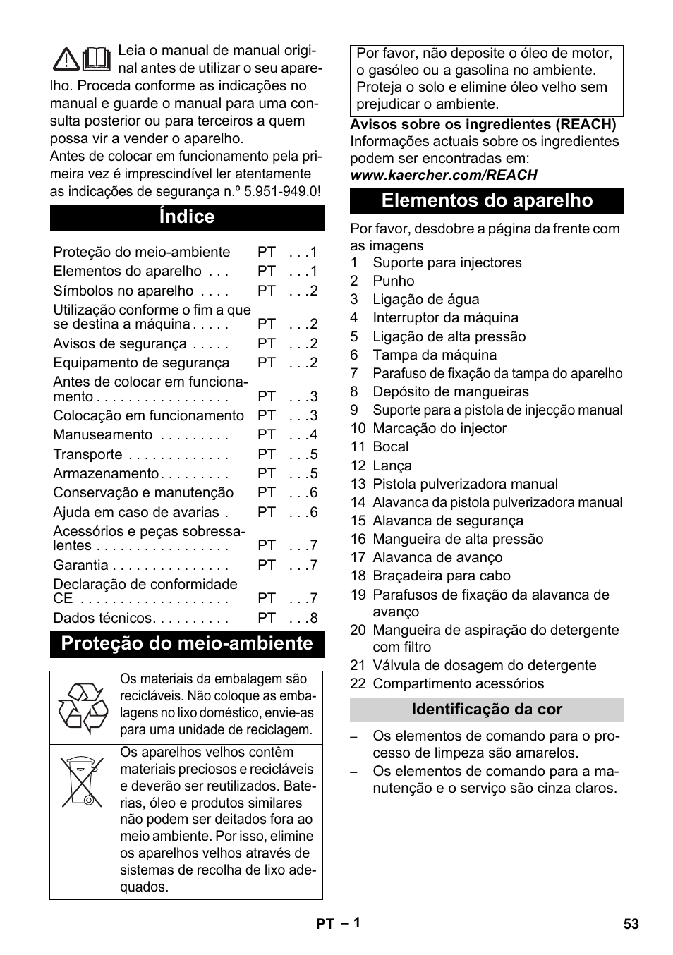 Português, Índice, Proteção do meio-ambiente | Elementos do aparelho | Karcher HD 5-11 C Plus User Manual | Page 53 / 232