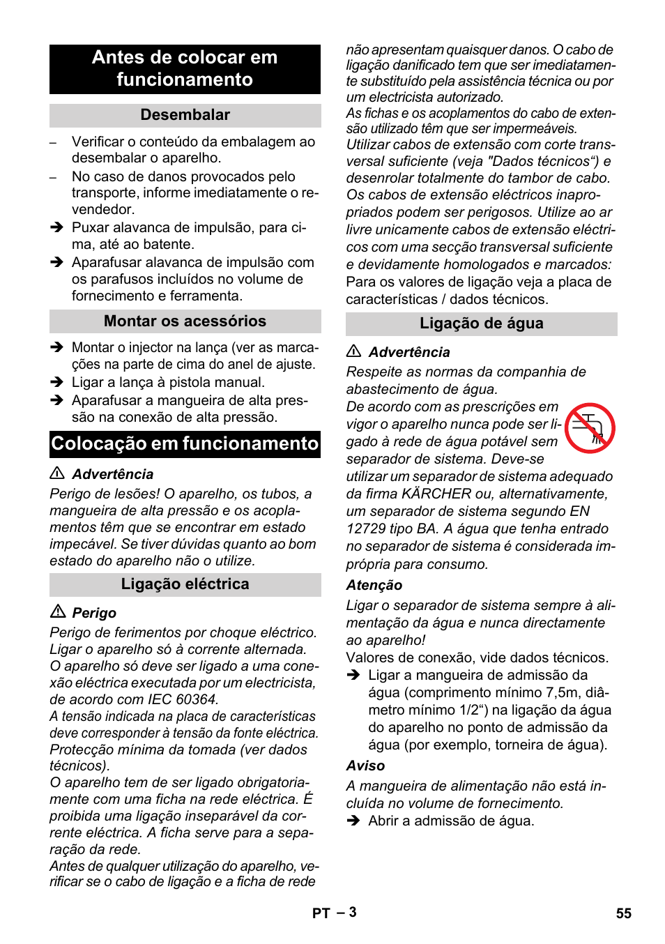 Antes de colocar em funcionamento, Colocação em funcionamento | Karcher HD 5-11 C Plus User Manual | Page 55 / 232