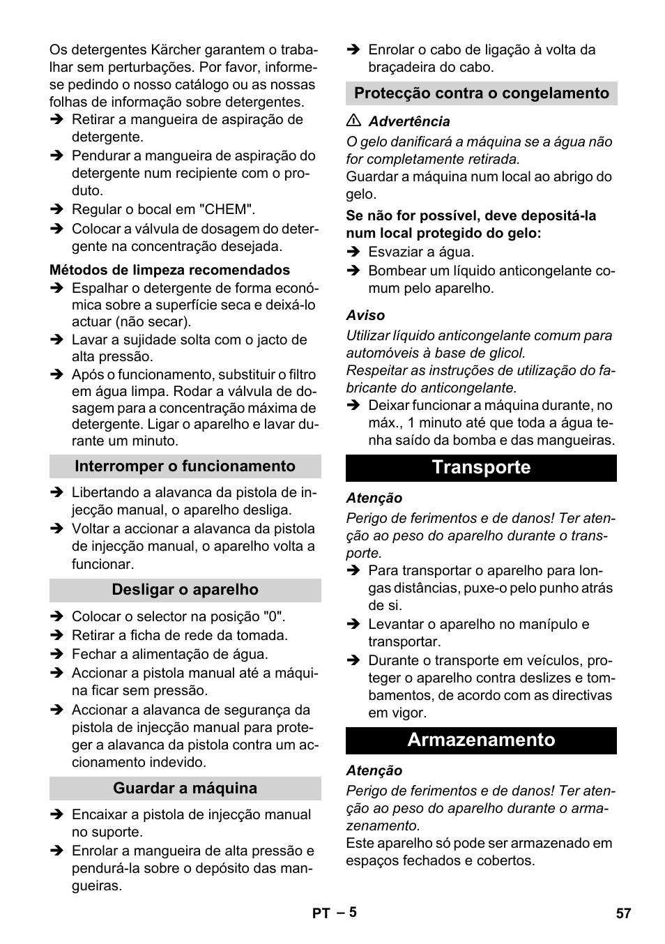 Transporte armazenamento | Karcher HD 5-11 C Plus User Manual | Page 57 / 232