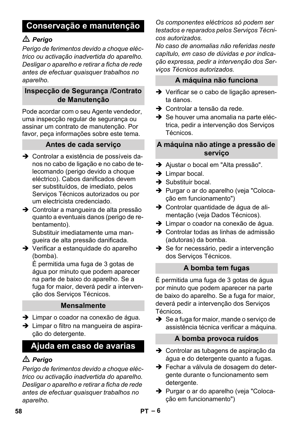 Conservação e manutenção, Ajuda em caso de avarias | Karcher HD 5-11 C Plus User Manual | Page 58 / 232