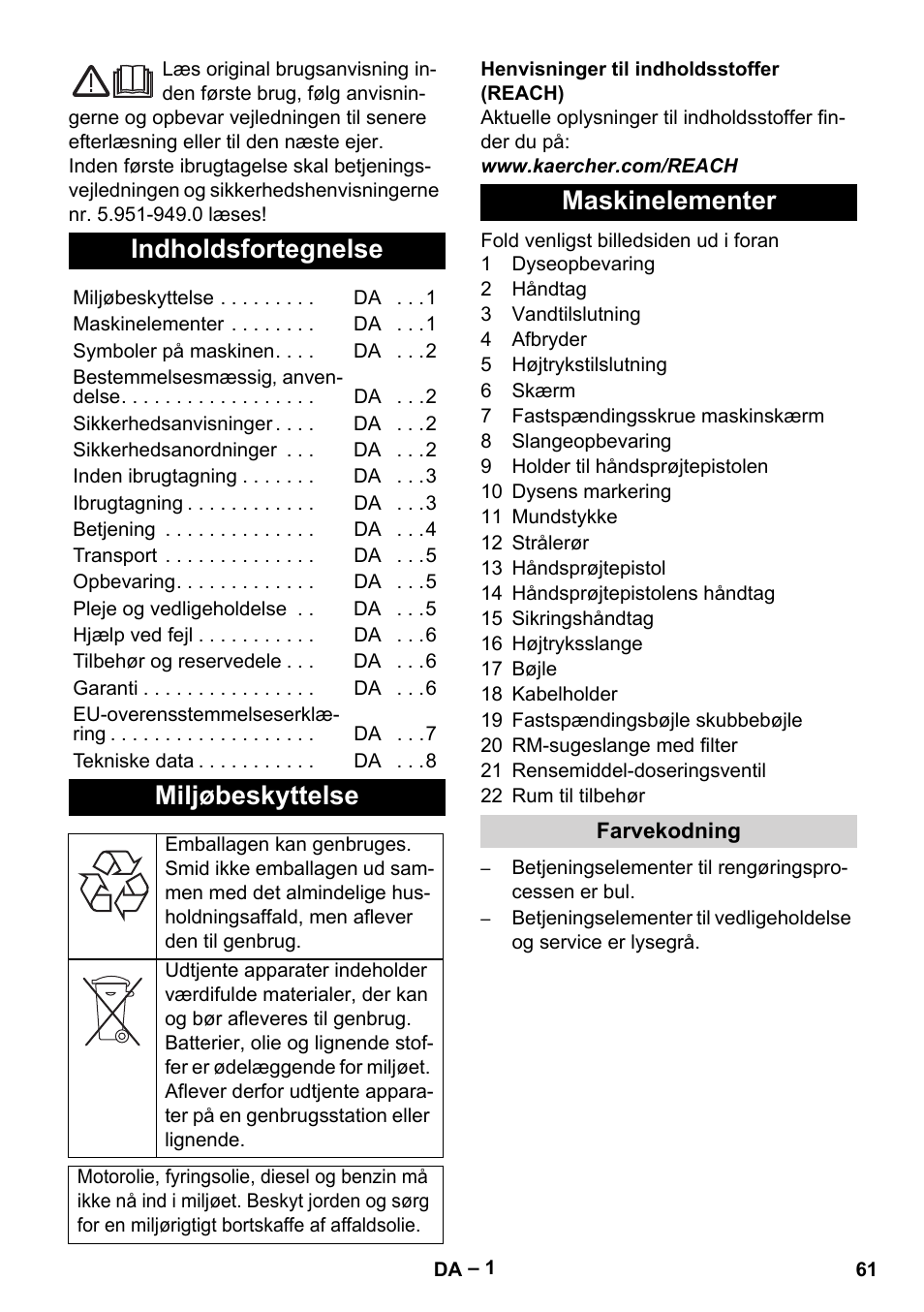 Dansk, Indholdsfortegnelse, Miljøbeskyttelse | Maskinelementer | Karcher HD 5-11 C Plus User Manual | Page 61 / 232