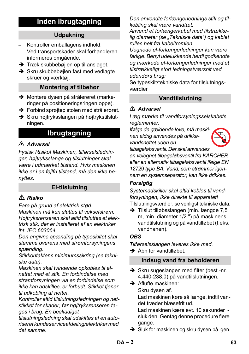 Inden ibrugtagning, Ibrugtagning | Karcher HD 5-11 C Plus User Manual | Page 63 / 232