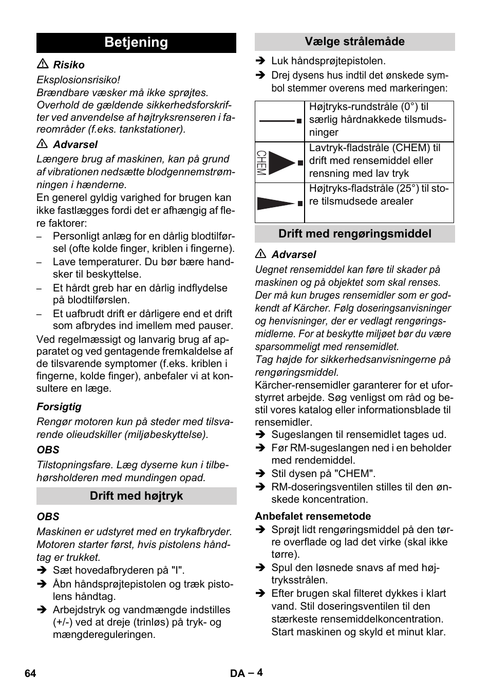 Betjening | Karcher HD 5-11 C Plus User Manual | Page 64 / 232