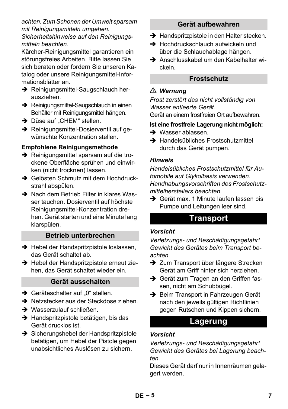 Transport lagerung | Karcher HD 5-11 C Plus User Manual | Page 7 / 232