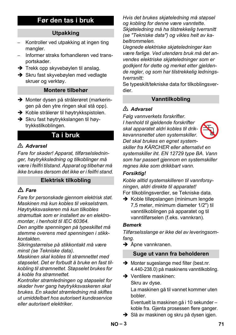 Før den tas i bruk, Ta i bruk | Karcher HD 5-11 C Plus User Manual | Page 71 / 232