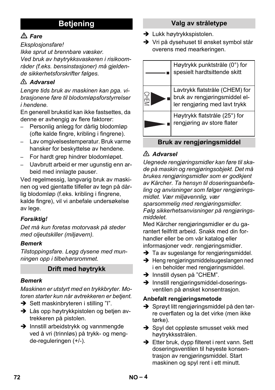 Betjening | Karcher HD 5-11 C Plus User Manual | Page 72 / 232