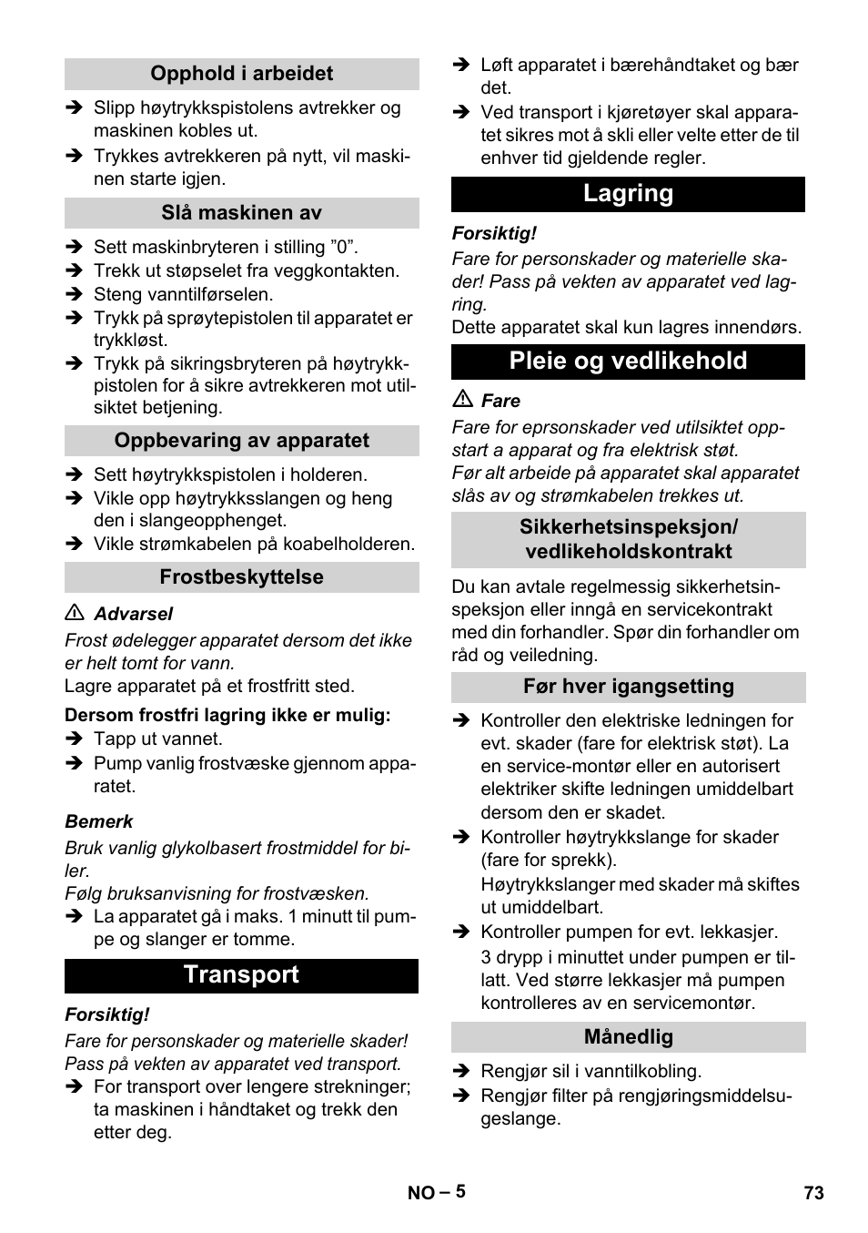 Transport lagring pleie og vedlikehold | Karcher HD 5-11 C Plus User Manual | Page 73 / 232