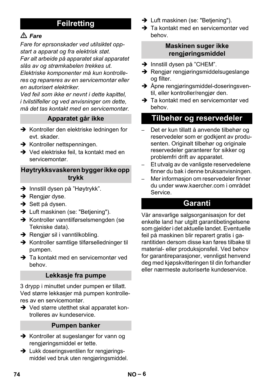 Feilretting, Tilbehør og reservedeler garanti | Karcher HD 5-11 C Plus User Manual | Page 74 / 232