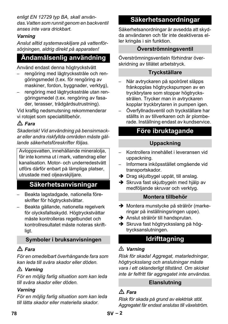 Ändamålsenlig användning, Säkerhetsanvisningar, Säkerhetsanordningar | Före ibruktagande, Idrifttagning | Karcher HD 5-11 C Plus User Manual | Page 78 / 232