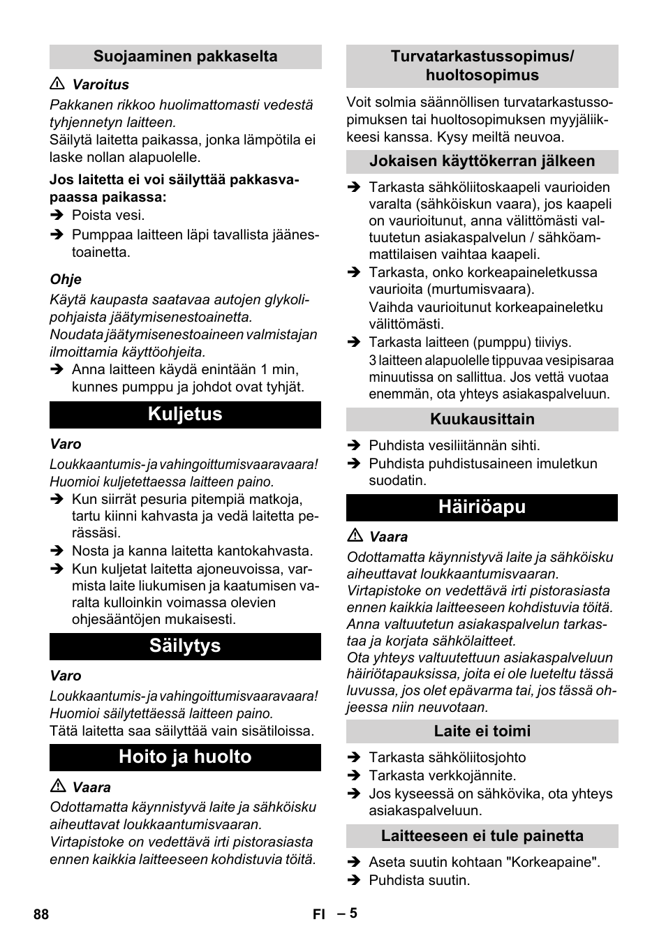 Kuljetus säilytys hoito ja huolto, Häiriöapu | Karcher HD 5-11 C Plus User Manual | Page 88 / 232