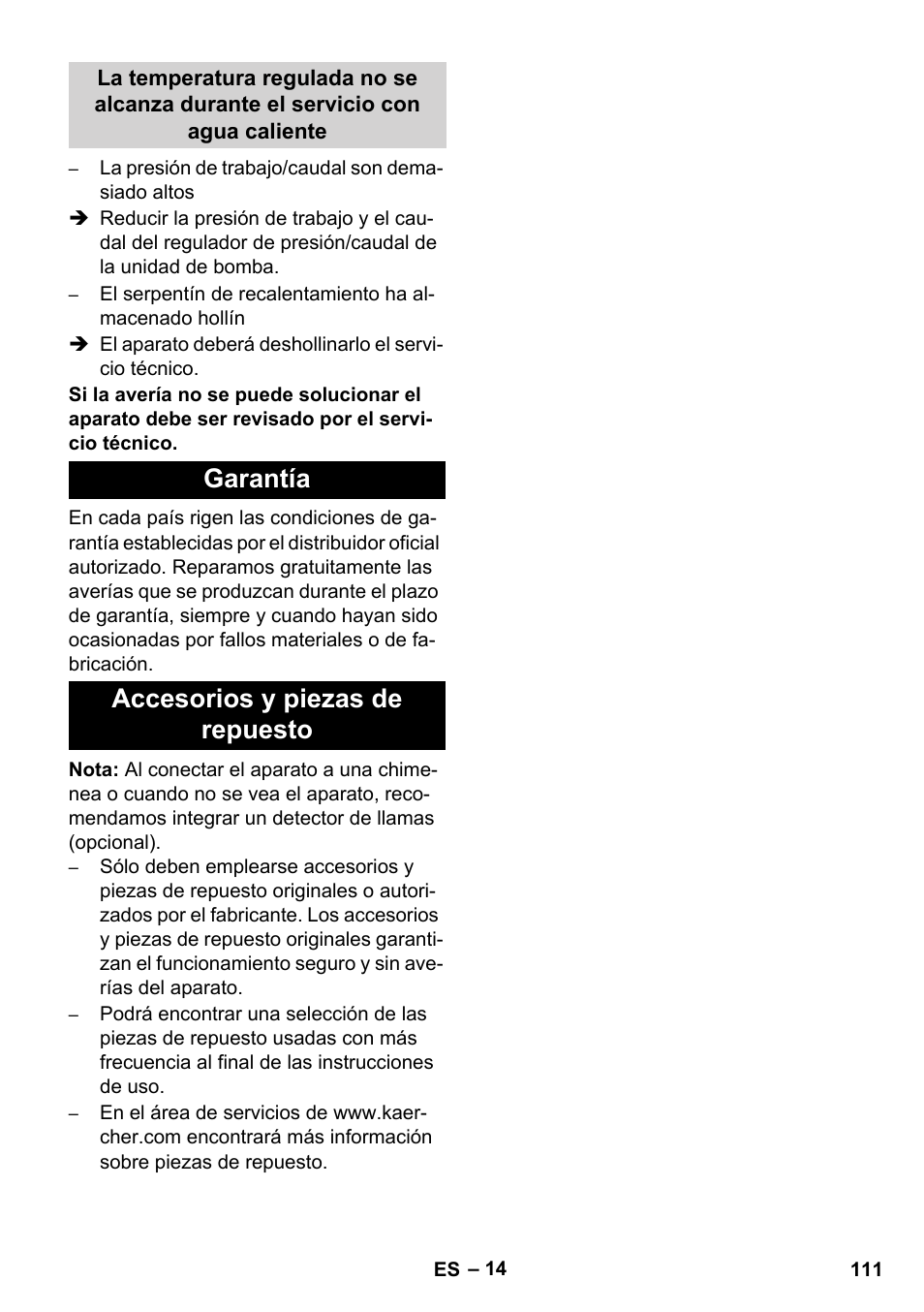 Garantía accesorios y piezas de repuesto | Karcher HDS 8-17 CX User Manual | Page 111 / 500