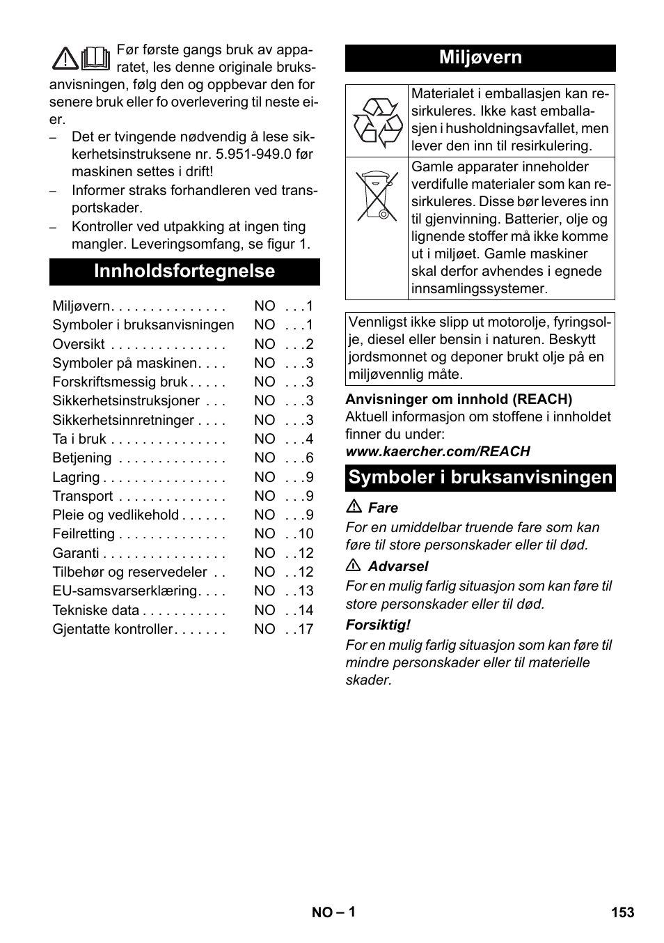 Norsk, Innholdsfortegnelse, Miljøvern | Symboler i bruksanvisningen | Karcher HDS 8-17 CX User Manual | Page 153 / 500