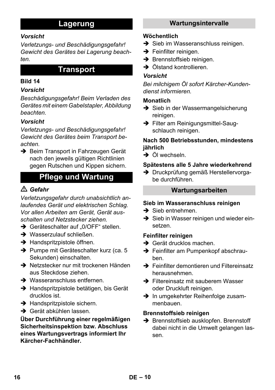 Lagerung transport pflege und wartung | Karcher HDS 8-17 CX User Manual | Page 16 / 500