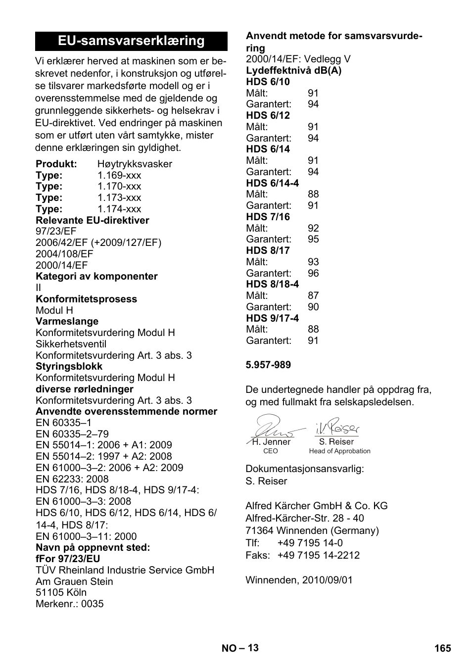 Eu-samsvarserklæring | Karcher HDS 8-17 CX User Manual | Page 165 / 500