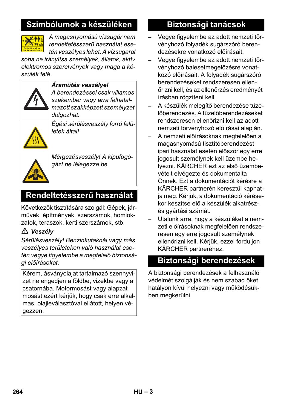 Szimbólumok a készüléken, Rendeltetésszerű használat, Biztonsági tanácsok biztonsági berendezések | Karcher HDS 8-17 CX User Manual | Page 264 / 500