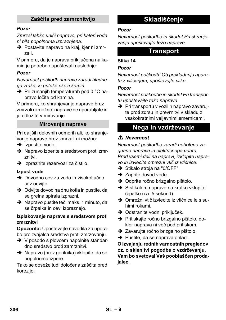 Skladiščenje transport nega in vzdrževanje | Karcher HDS 8-17 CX User Manual | Page 306 / 500