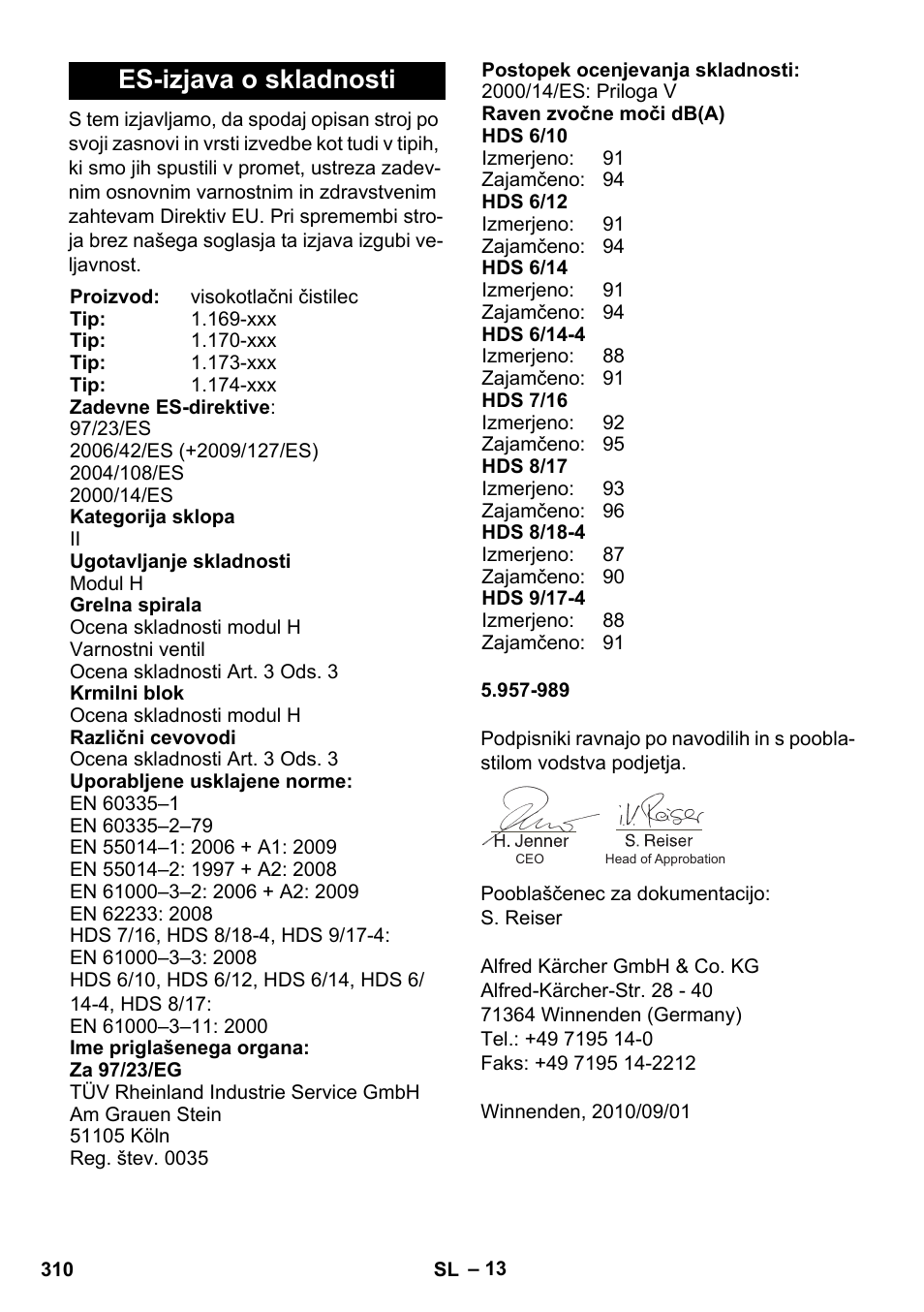 Es-izjava o skladnosti | Karcher HDS 8-17 CX User Manual | Page 310 / 500