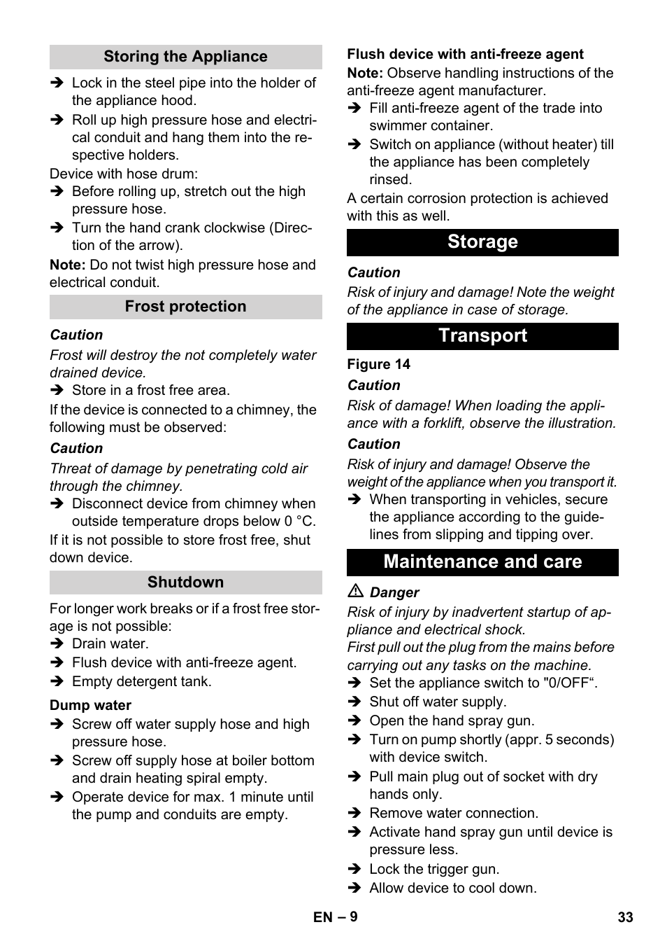 Storage transport maintenance and care | Karcher HDS 8-17 CX User Manual | Page 33 / 500