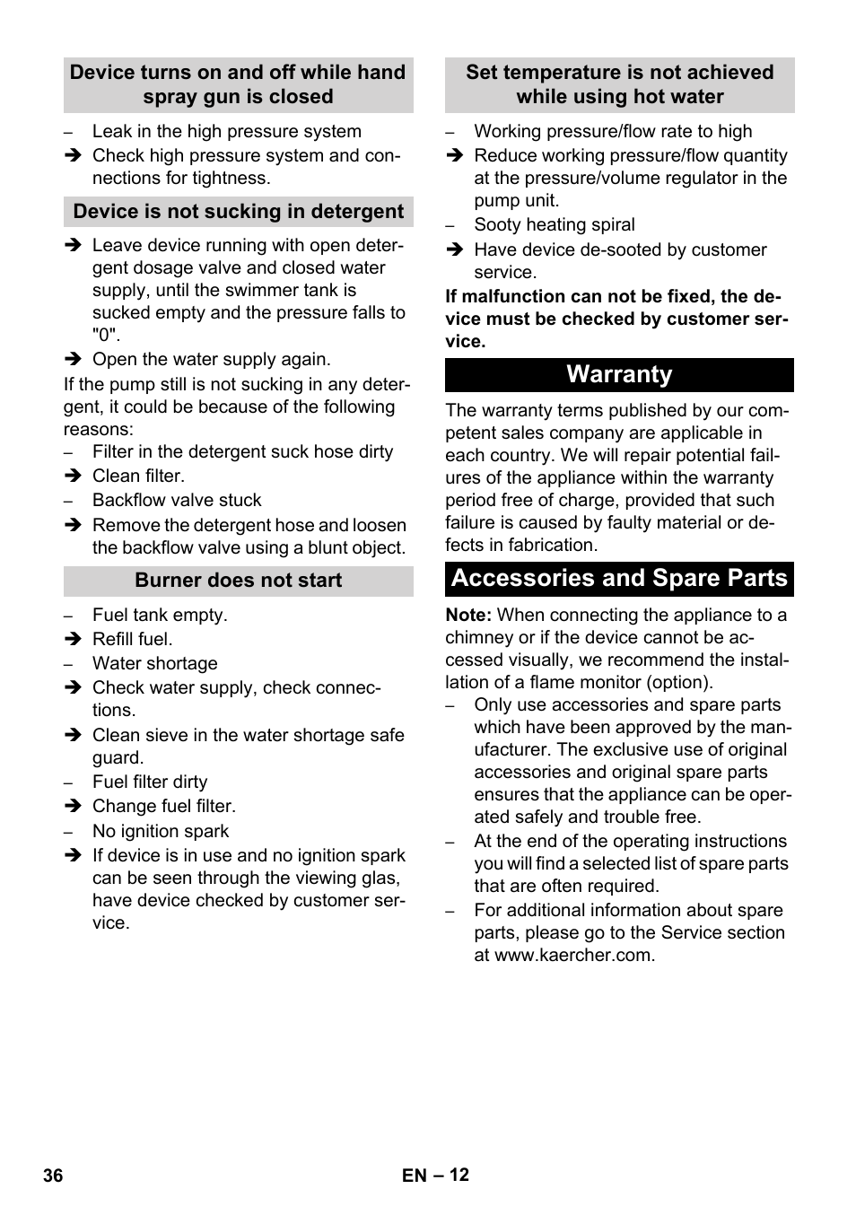 Warranty accessories and spare parts | Karcher HDS 8-17 CX User Manual | Page 36 / 500