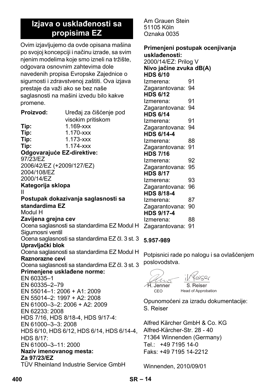 Izjava o usklađenosti sa propisima ez | Karcher HDS 8-17 CX User Manual | Page 400 / 500