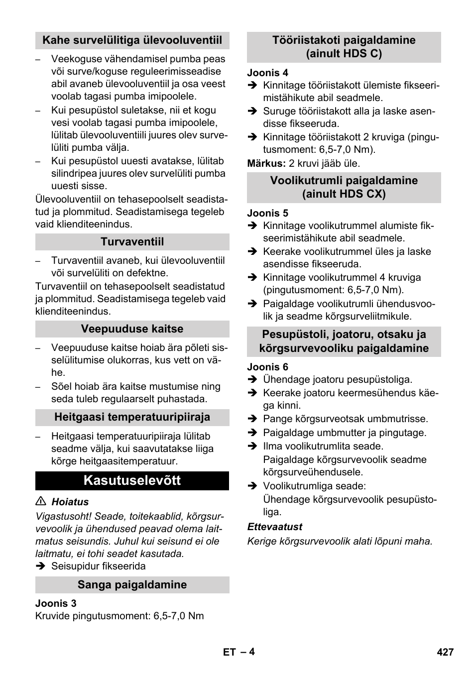 Kasutuselevõtt | Karcher HDS 8-17 CX User Manual | Page 427 / 500