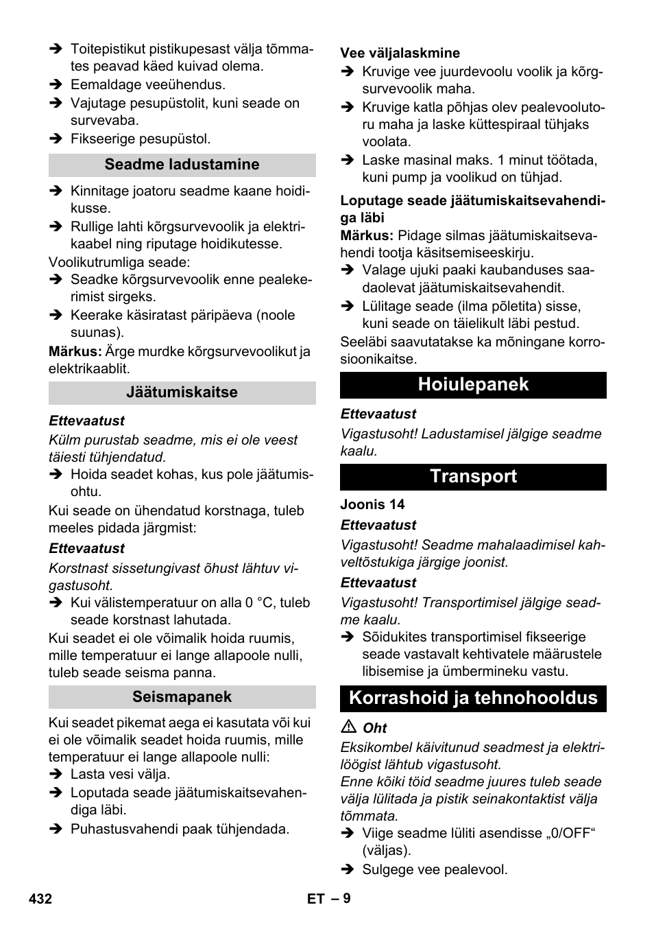 Hoiulepanek transport korrashoid ja tehnohooldus | Karcher HDS 8-17 CX User Manual | Page 432 / 500