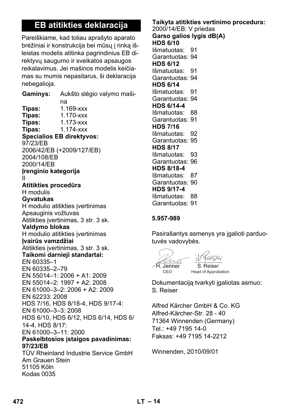 Eb atitikties deklaracija | Karcher HDS 8-17 CX User Manual | Page 472 / 500