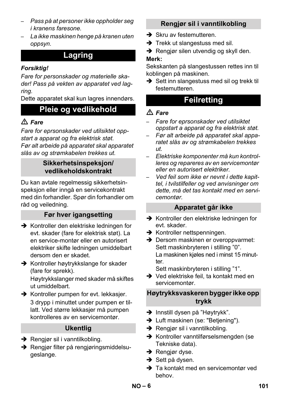 Lagring pleie og vedlikehold, Feilretting | Karcher HD 5-12 C User Manual | Page 101 / 340