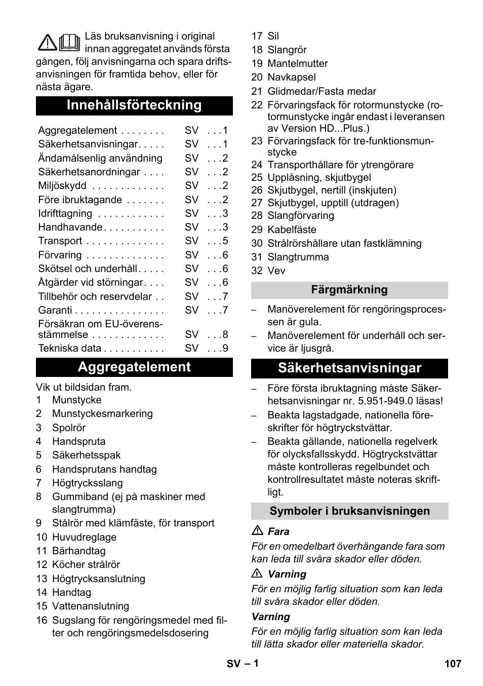 Svenska, Innehållsförteckning, Aggregatelement | Säkerhetsanvisningar | Karcher HD 5-12 C User Manual | Page 107 / 340