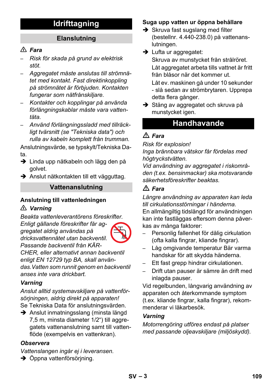 Idrifttagning, Handhavande | Karcher HD 5-12 C User Manual | Page 109 / 340