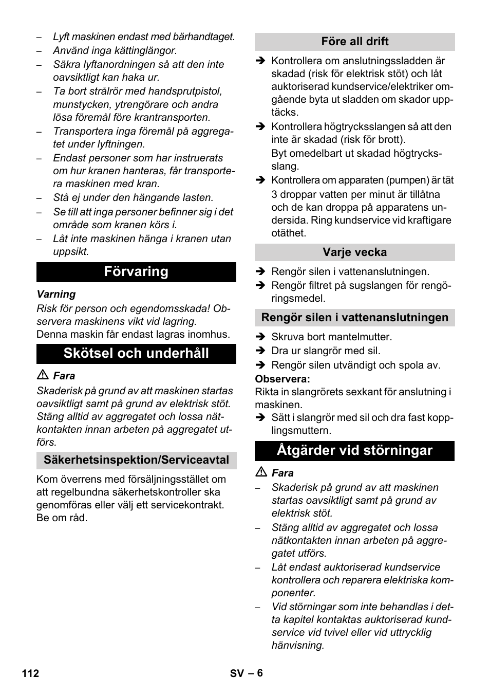 Förvaring skötsel och underhåll, Åtgärder vid störningar | Karcher HD 5-12 C User Manual | Page 112 / 340