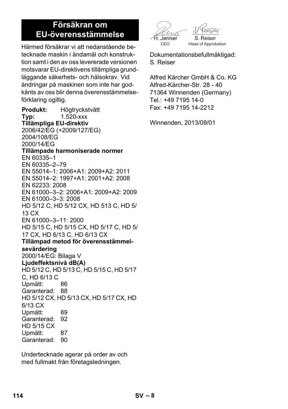 Försäkran om eu-överensstämmelse | Karcher HD 5-12 C User Manual | Page 114 / 340