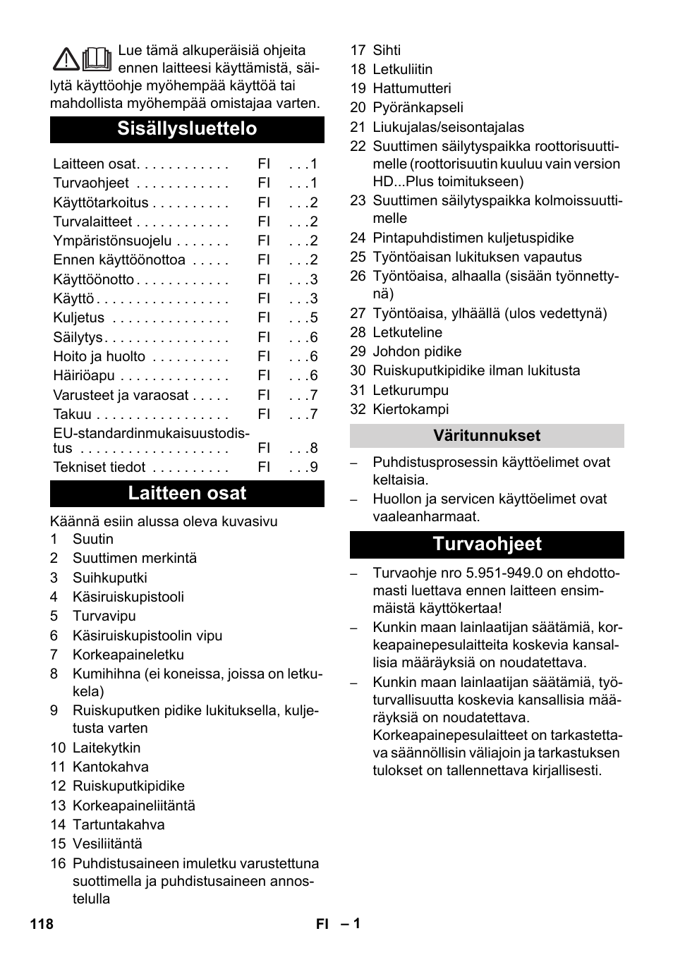 Suomi, Sisällysluettelo, Laitteen osat | Turvaohjeet | Karcher HD 5-12 C User Manual | Page 118 / 340